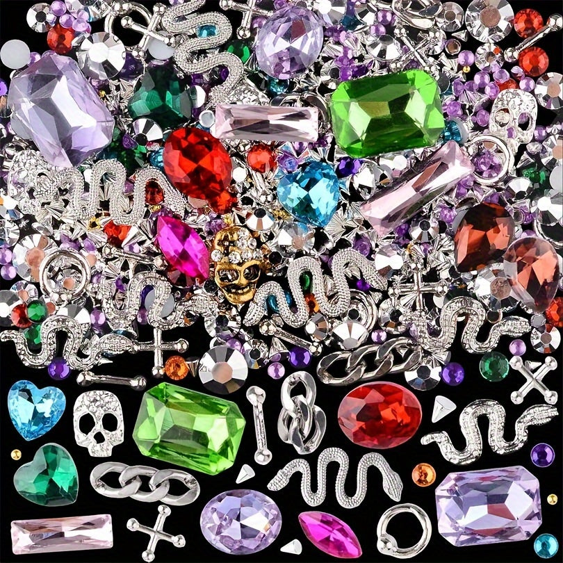 300 Pieces Of Y2K Black Golden Silvery Punk Cone Rivet 3D Golden Skull Cross Chain Snake Pattern Retro Alloy Golden Nail Pendant Glass Pointed Bottom Gem Resin Water Drill Female Girl Golden Nail DIY Nail Art Decoration Set