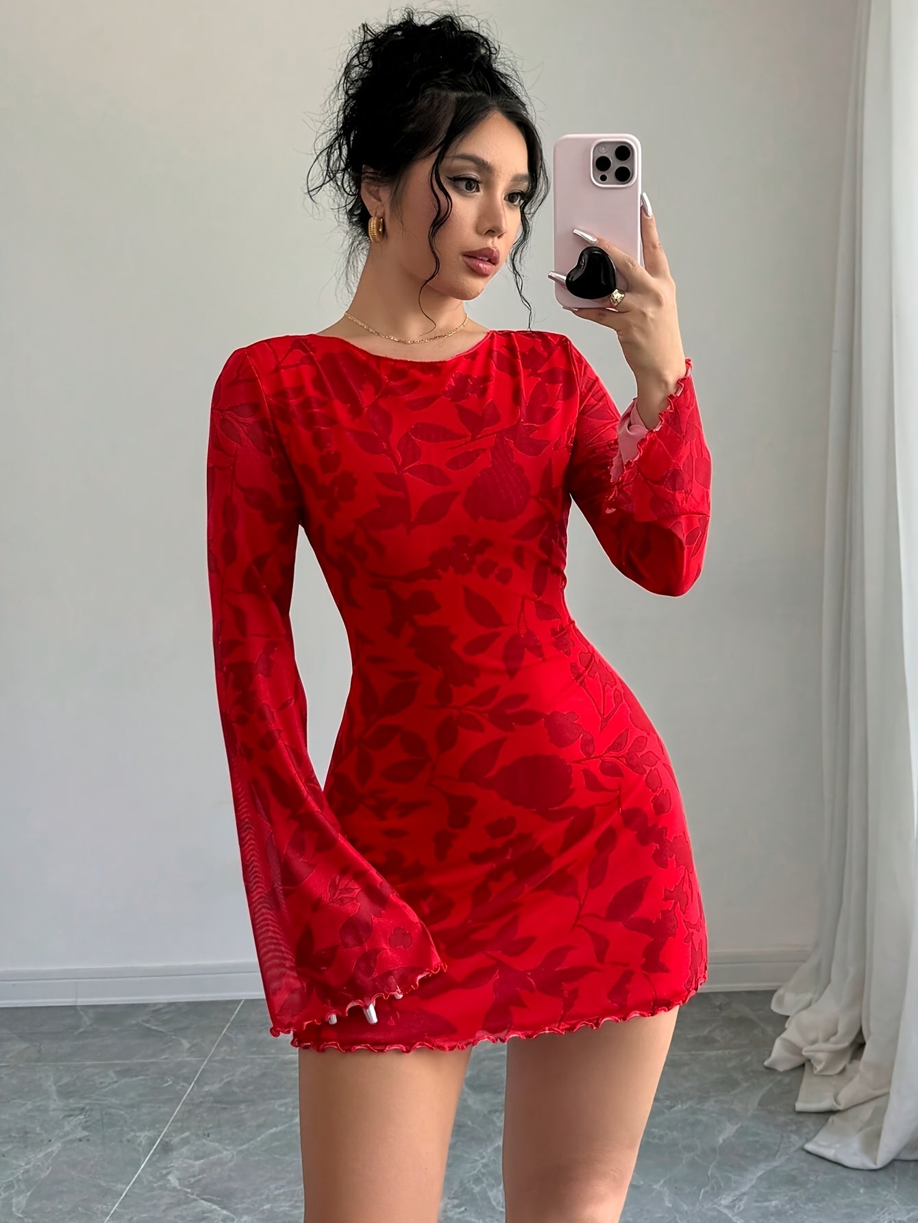 Women's Red Floral Print Backless Mini Dress with Tie Flare Sleeves - Sexy, Fashionable, Polyester, Machine Washable
