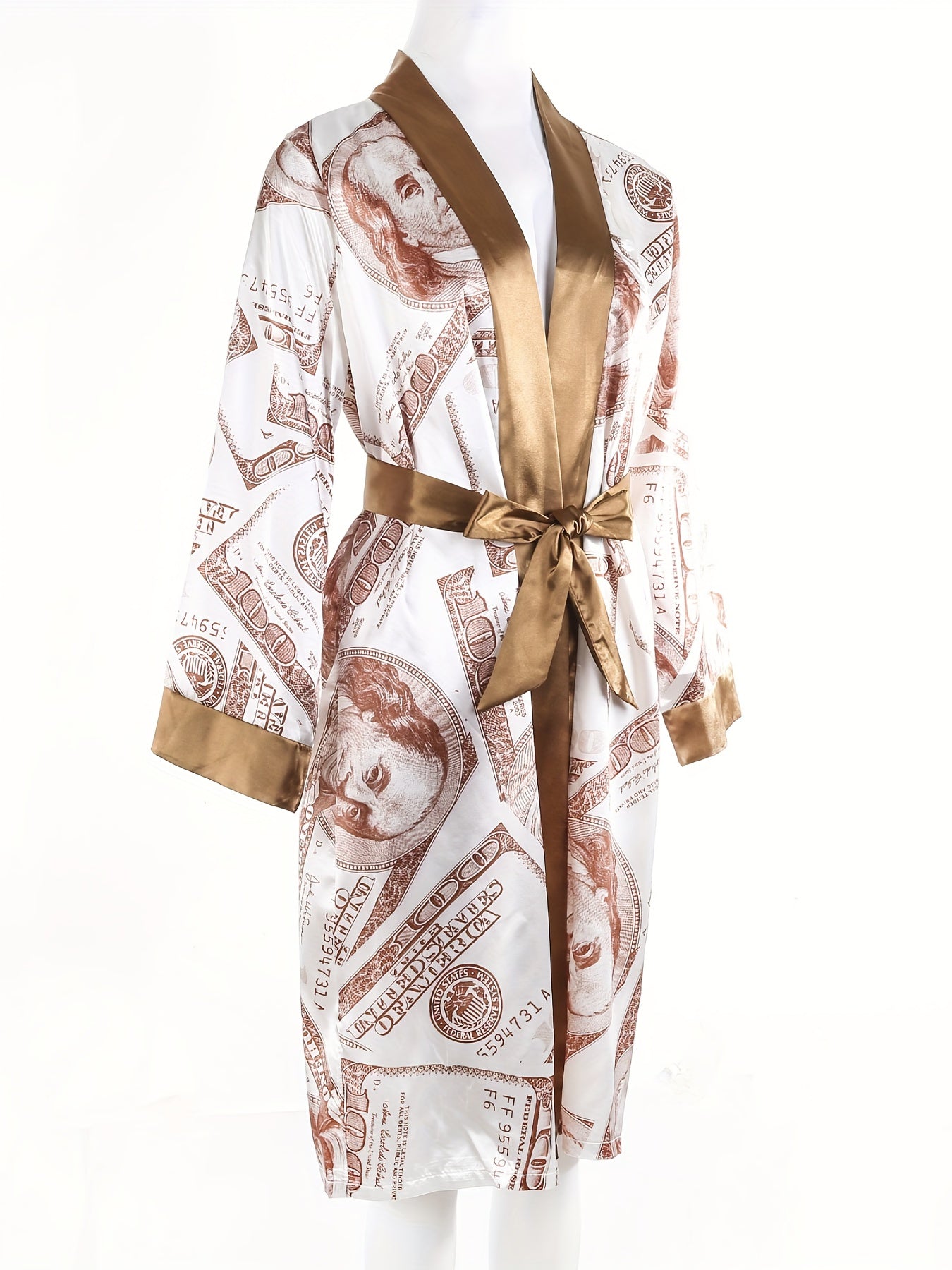 Women's Luxe Satin Robe with Golden Trim & Dollar Print - Long Sleeve V-Neck Kimono Bathrobe Sleepwear with Belt, Soft Polyester Fabric, Machine Washable, Ladies Bathrobe