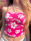 Y2K Floral Print Wrap Top - Pink & White Polyester Blend, Adjustable Straps, Lightweight & Breathable for Spring/Summer/Fall, Machine Washable Women's Fashion