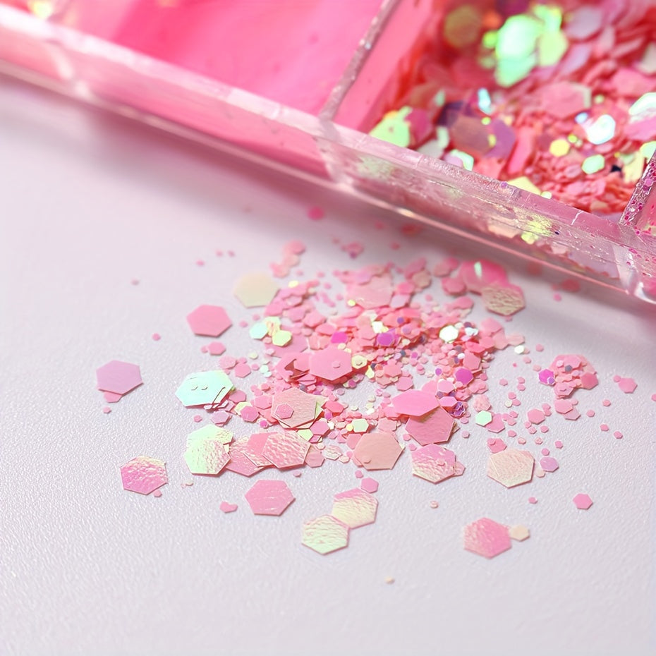 FULL BEAUTY 12 Grids Pink Glitter Nail Flakes, Holographic Hexagon Irregular Sequins, Sliced Sparkly Crystal Pigment Powder for Manicure Decoration, Hypoallergenic Rectangle Shape, Nail Charms