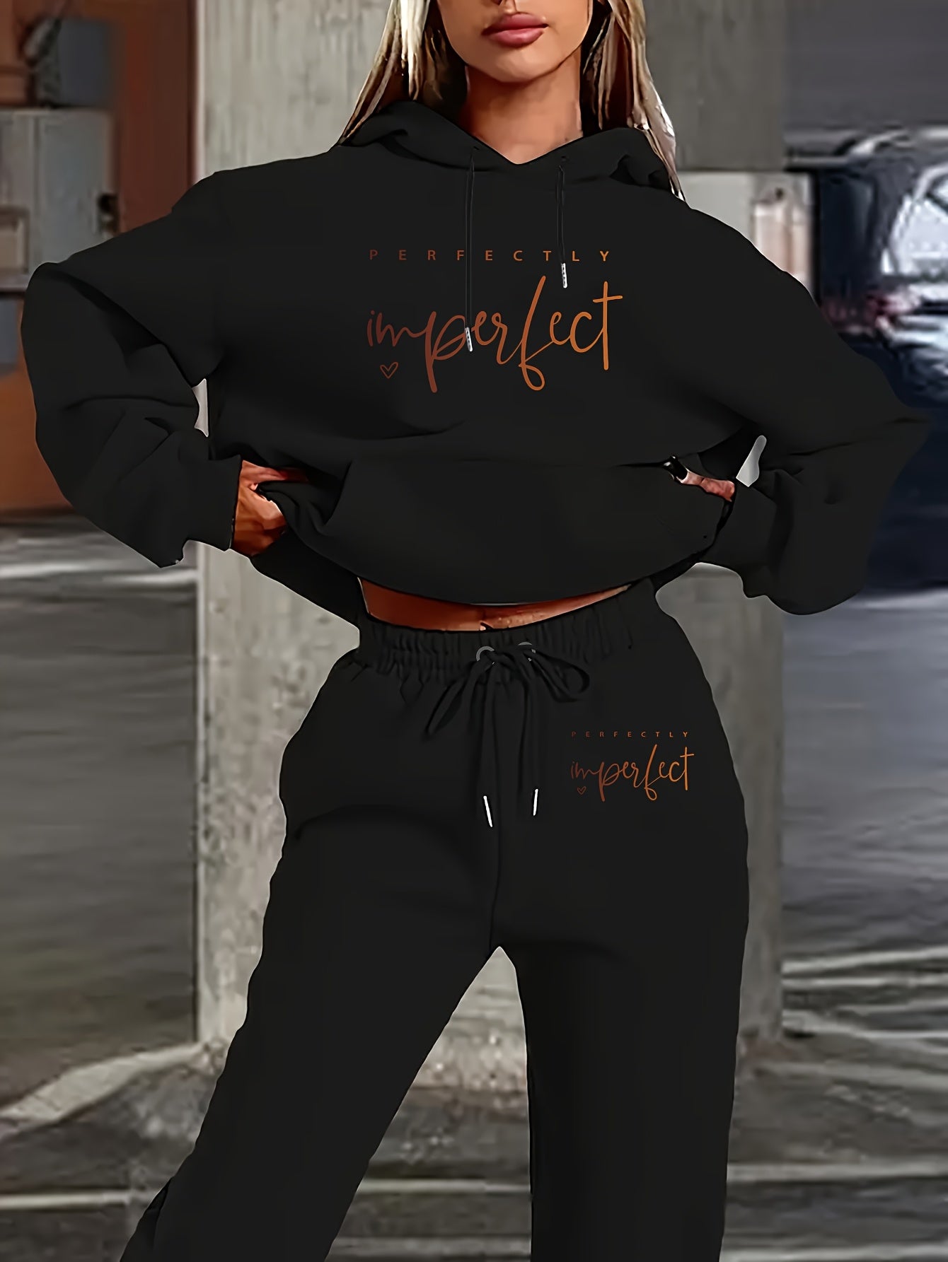 1 Set Women'S Casual Polyester Two-Piece, Fall/Winter Knit Fabric Hoodie with Pocket & Drawstring Pants, Letter Print "Perfectly Imperfect" Design