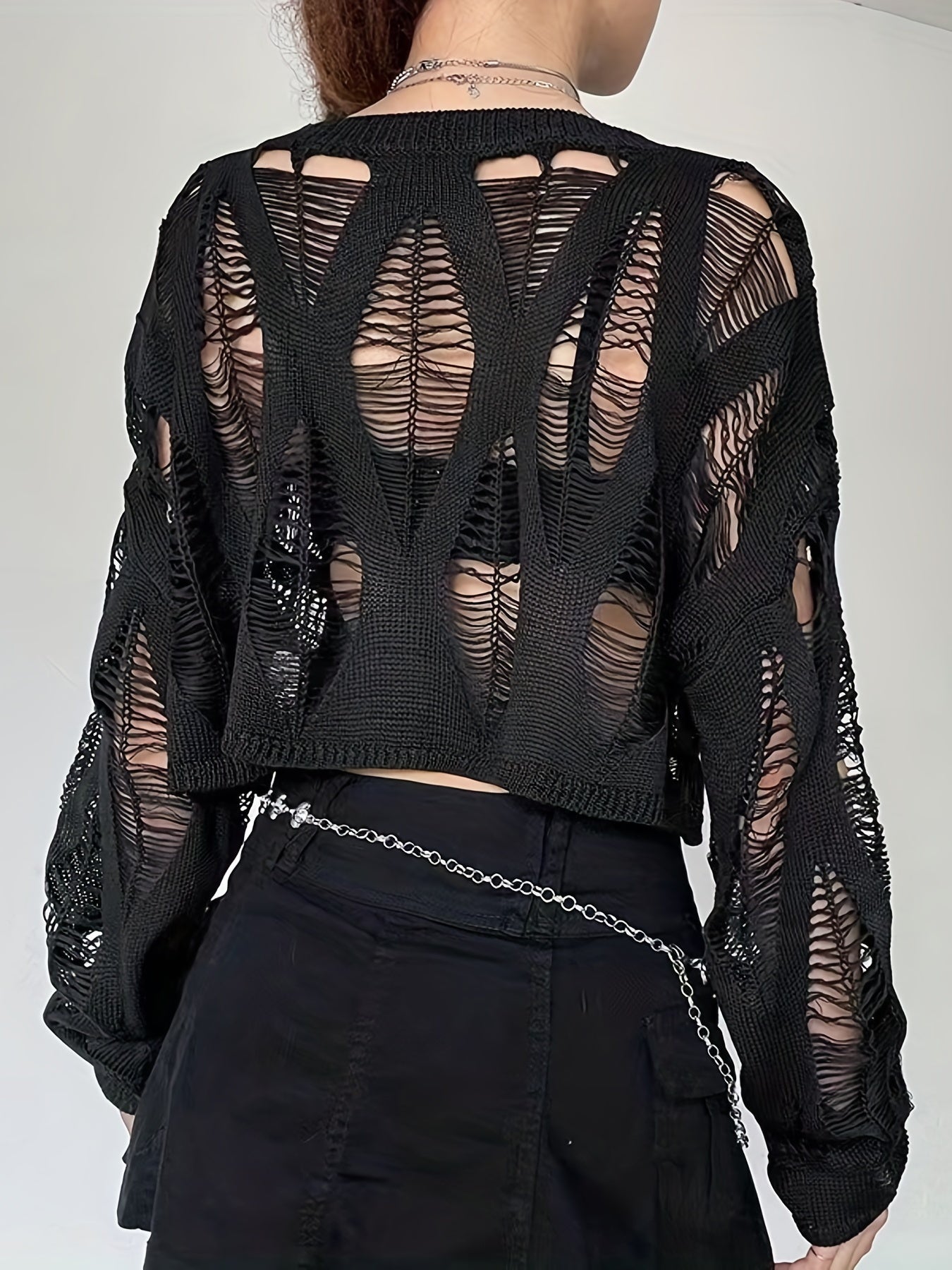 Solid Cut Out Crop Knitted Sweater, Cute Long Sleeve Crew Neck Sweater For Spring & Summer, Women's Clothing