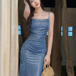 Women'S Sexy Shiny Bodycon Slip Party Dress - Off-Shoulder, Sparkling, Backless, Perfect for Summer Events, Adult, Elegant Evening Attire|Sparkling Fabric|Backless Design