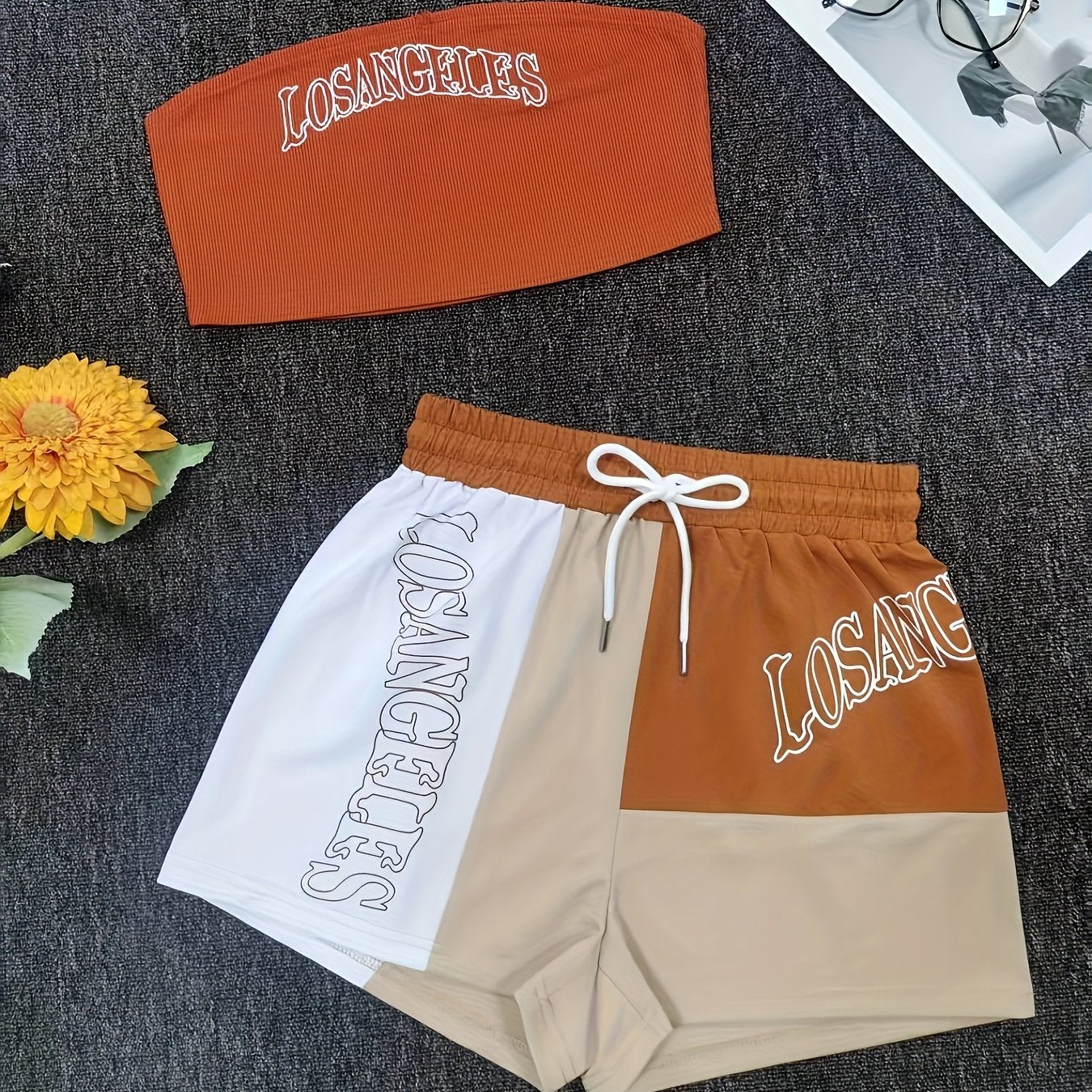 Women'S Stylish Casual Printed Color-Blocked Shorts And Strapless Two-Piece Set