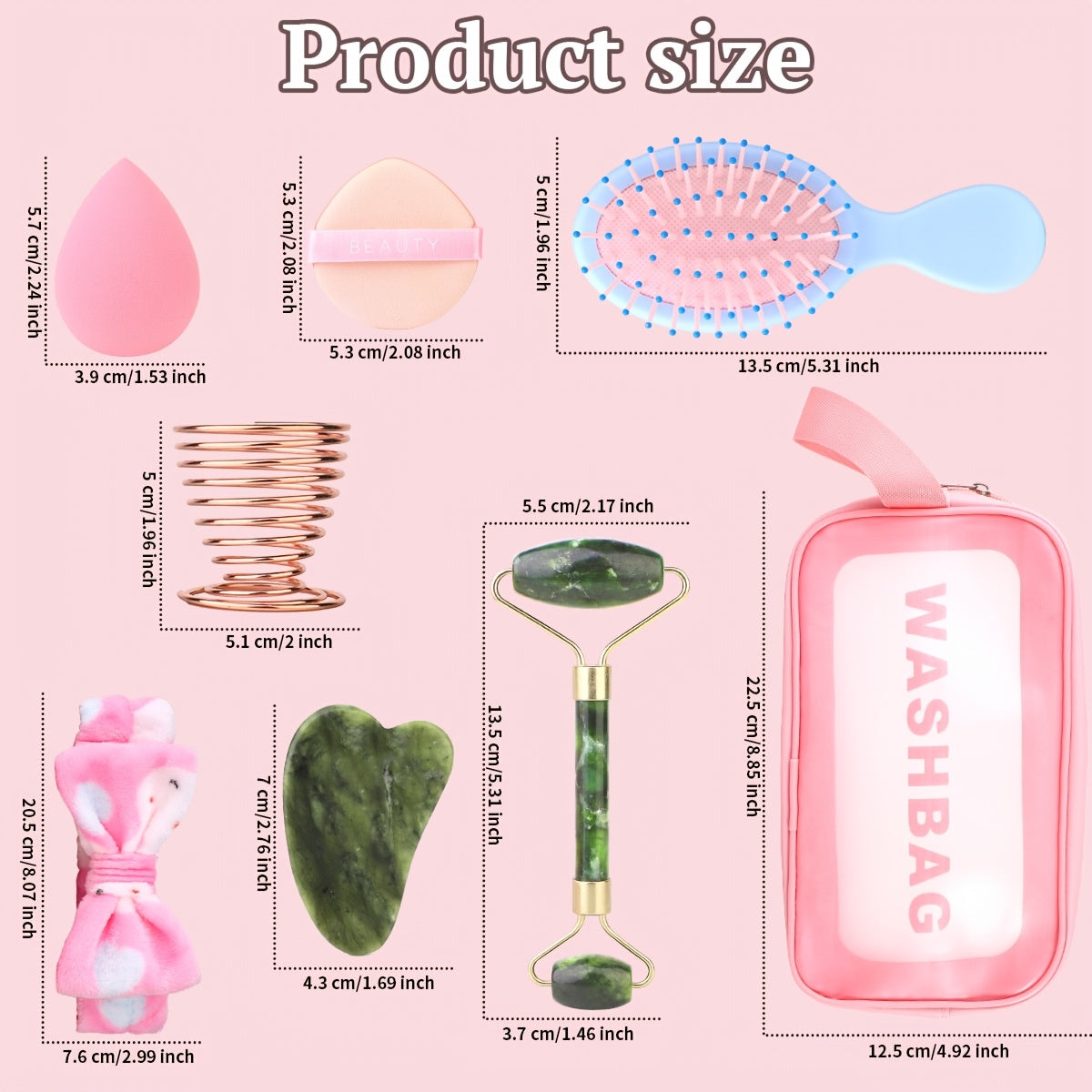 10pcs Facial Massage Set, Including 1 Double-Head Roller Massager, 1 Heart-Shaped Massage Board, 1 Pink Hair Band, 1 Long-Handled Hair Comb, 2 Air Cushion Powder Puffs, 2 Water Drop Beauty Eggs, 1 Metal Beauty Egg Stand, for