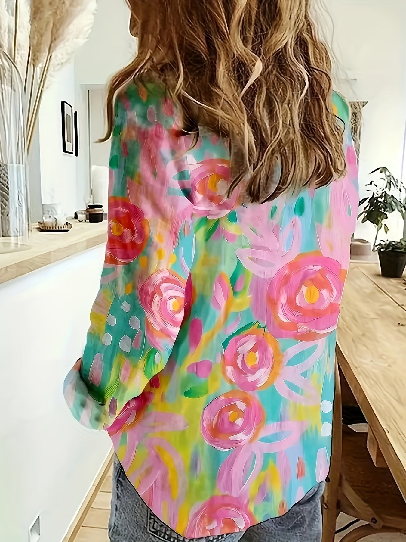 Vibrant Floral Print Women's Button-Up Shirt - Long Sleeve, Collared, Lightweight Spring/Summer Blouse in Pink, Blue, Yellow & Green, Ladies Blouses