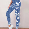 Women'S Fashion Butterfly Printed Faux Denim-Like Leggings, Elastic Waist Long Length Knit Fabric, Casual All-Season Polyester & Spandex Blend, Regular Fit Weekend Casual Joggers