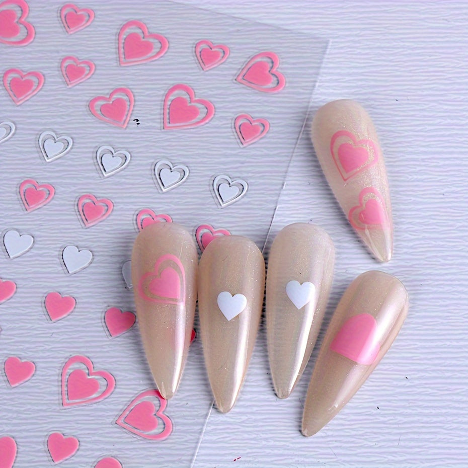8pcs Rectangle Self-adhesive Glossy Plastic Nail Stickers, Pink Black White, Heart Pattern, Valentine Design, Golden Geometry Wave Lines Stripe Stars, Fantasy Theme, with Glitter, for Manicure Decoration