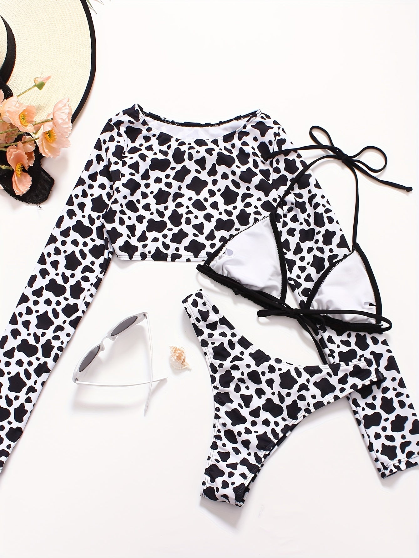 2025 New Women'S Three-Piece Swimsuit Set with Long Sleeves, White Leopard Print, Sun Protection, And Sexy Handmade Braided Tie.