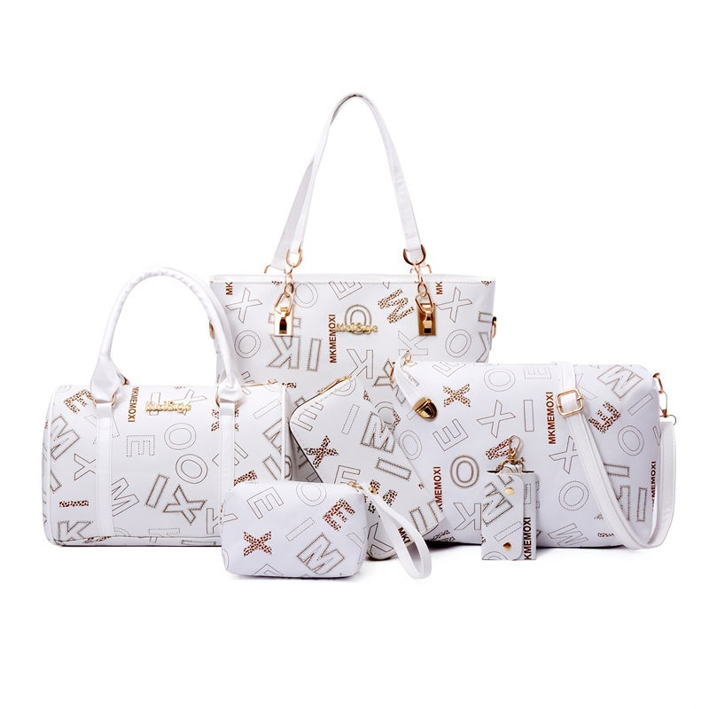 6pcs Retro Letter Print Womens Bag Set - Stylish & Versatile Tote, Boston Bag, Crossbody, Clutch, Wallet, Wristlet & Key Holder