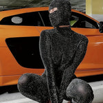 Glitter Mock Neck Jumpsuit, Backless Long Sleeve Slim Jumpsuit For Spring, Women's Clothing