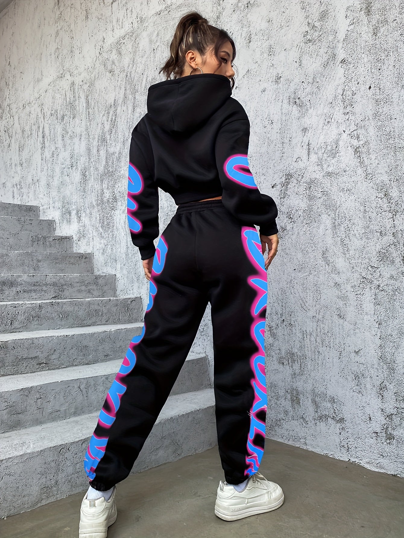 Women'S Spring/Fall Hooded Sweatshirt and Pants Set, Polyester 98% Elastane 2%, Alphabet Pattern, Knit Fabric, 250g/m² - A3964