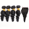 Loose Wave Human Hair Bundles With 4x4 Lace Closure 12A Peruvian Virgin 100% Unprocessed Loose Deep Wavy 4 Bundles 4x4 Lace Closure Natural Black Weave Extensions Transparent HD Ocean Wave