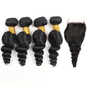 Loose Wave Human Hair Bundles With 4x4 Lace Closure 12A Peruvian Virgin 100% Unprocessed Loose Deep Wavy 4 Bundles 4x4 Lace Closure Natural Black Weave Extensions Transparent HD Ocean Wave