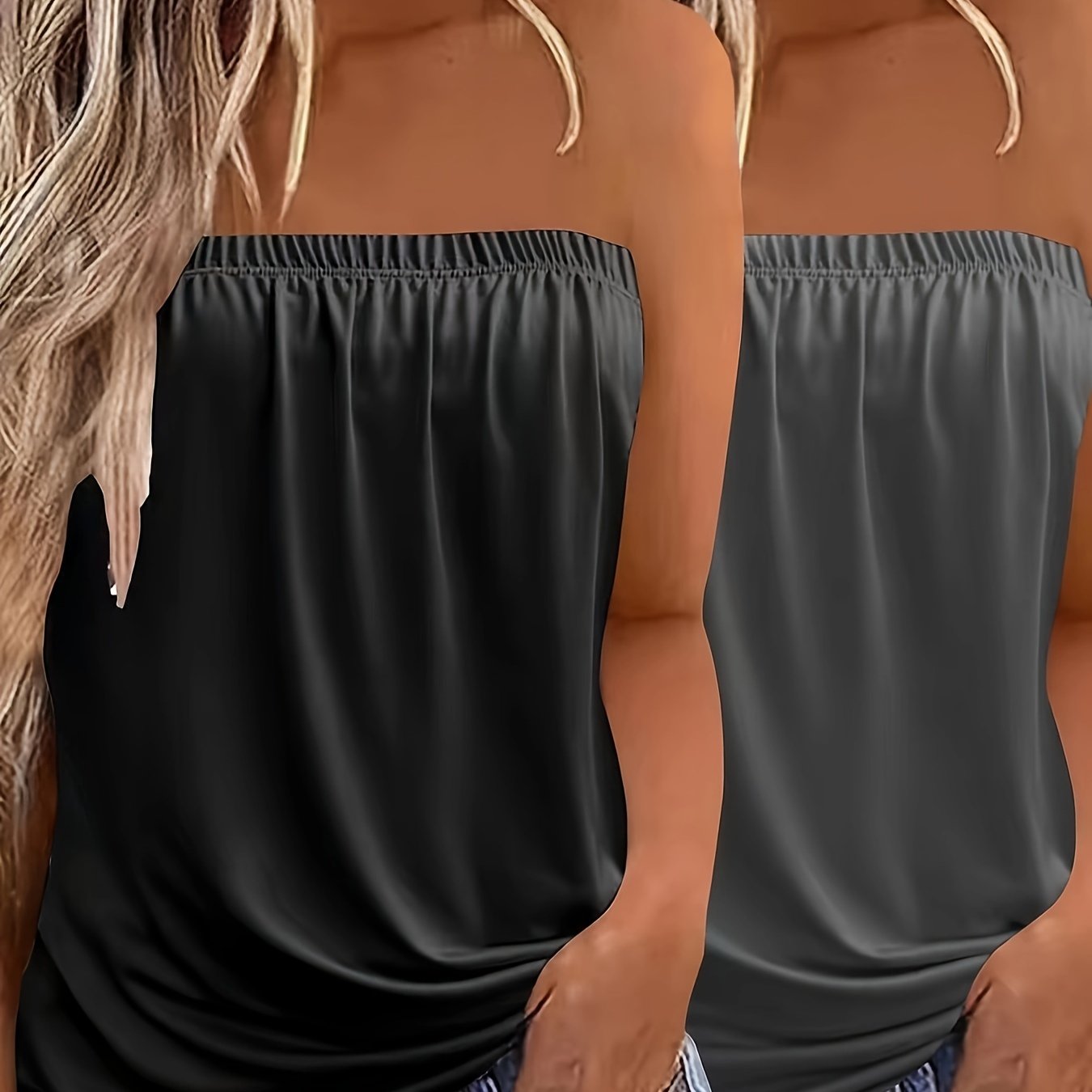 2-Pack Elegant Strapless Bandeau Top, Solid Color Jersey Knit Fabric, Stretchy Polyester 100% Sleeveless Backless Summer Tank Tops