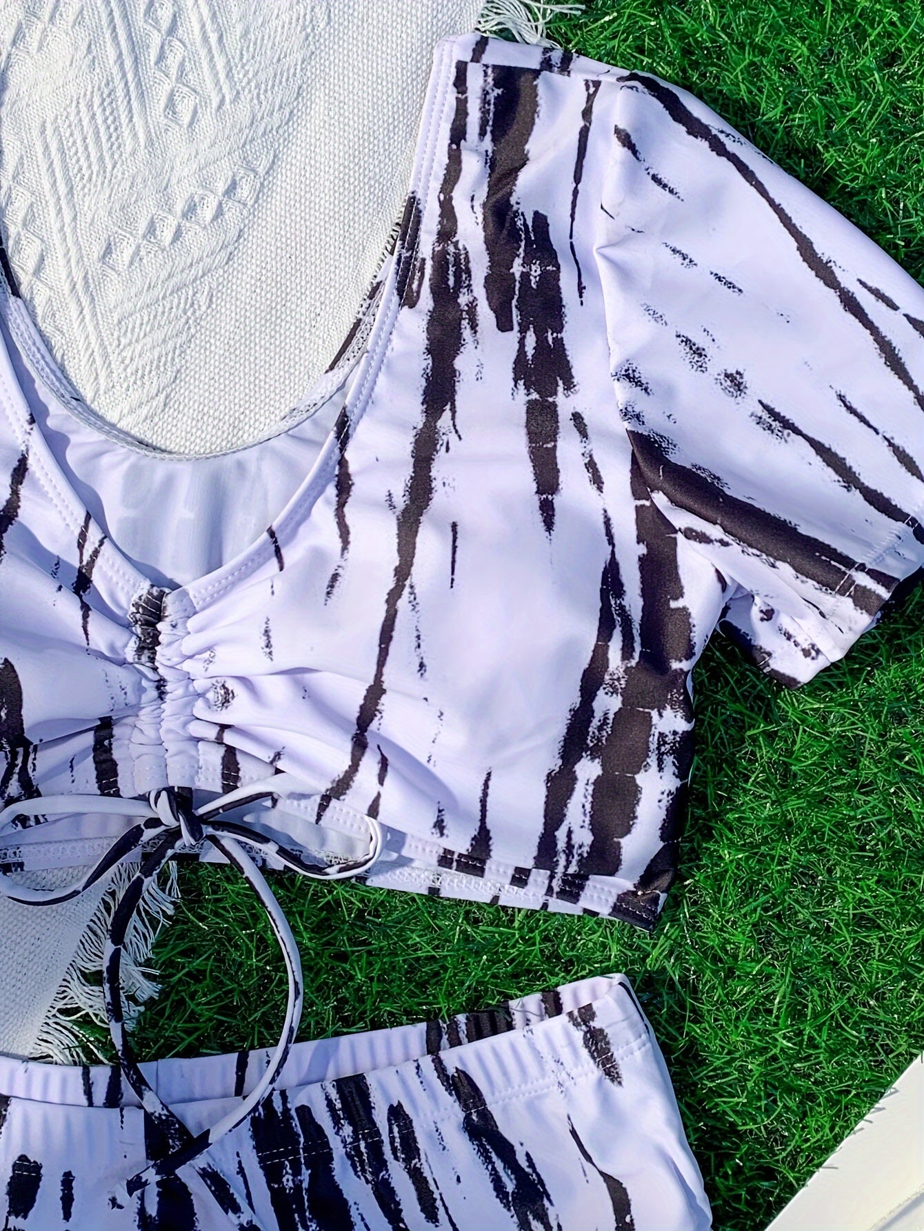 Printed Drawstring Short Sleeve 2 Piece Set Bikini, High Stretch Top & Boxer Shorts Swimsuits, Women's Swimwear & Clothing