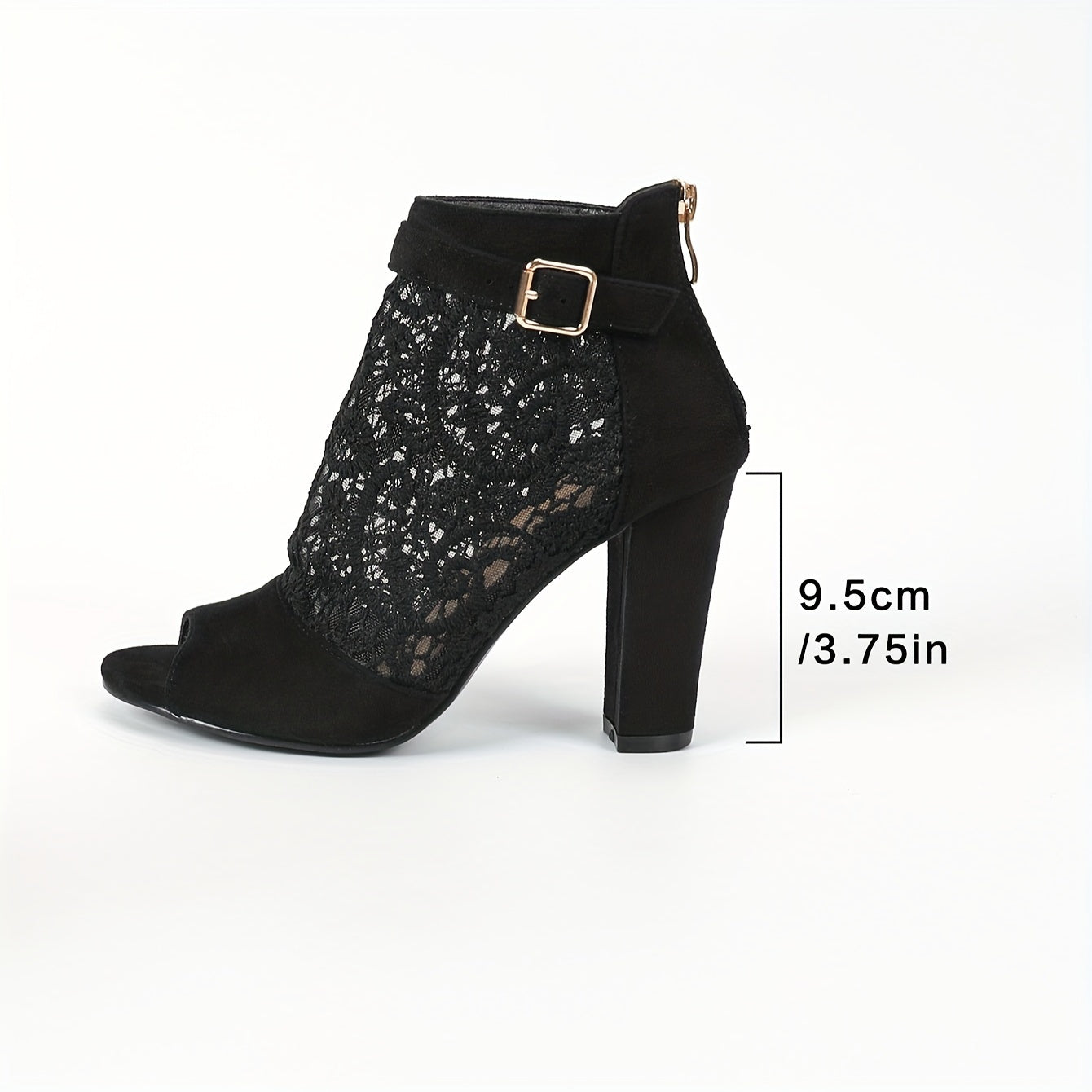 Elegant Women's Black Floral Mesh Peep-Toe Shoes with Chunky Heel and Back Zipper - Versatile All-Season Ankle Booties