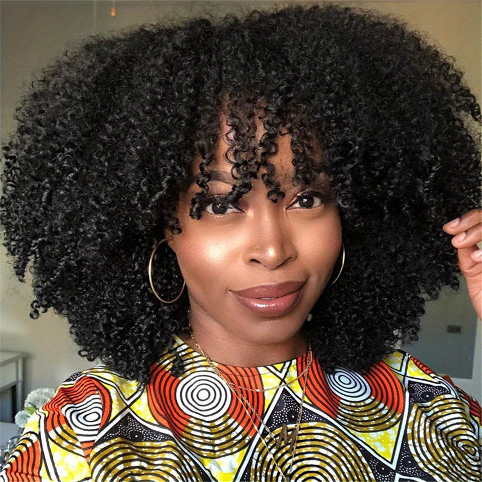 Brazilian Remy Human Hair Afro Kinky Curly Wig with Bangs - Glueless 200% Density Rose Net Cap, Elegant Short Curly Bangs Wig for Women of All Ethnicities, Hair Wig