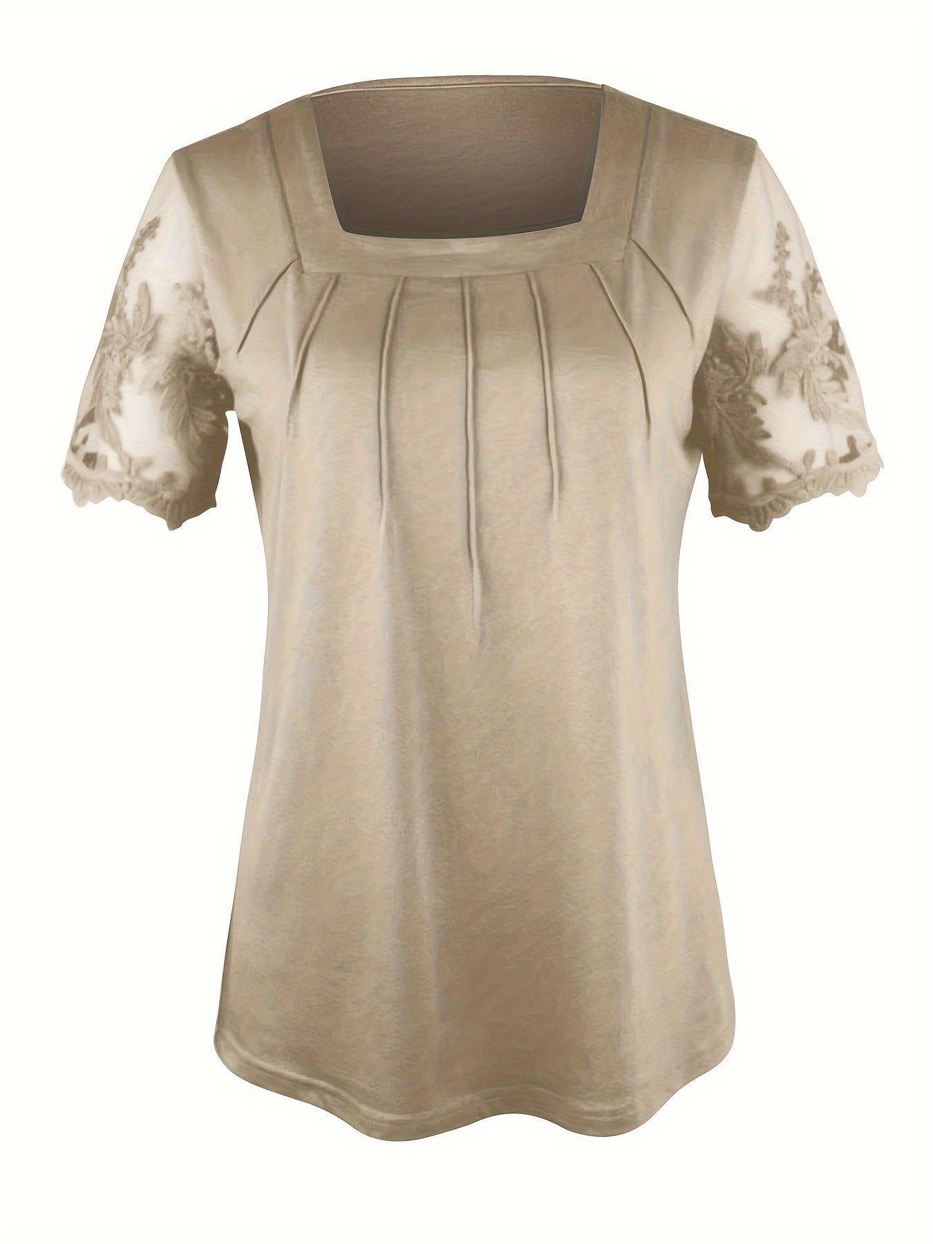 Elegant Knitted Square-Neck Short-Sleeve Top for Women, Featuring Solid Color Mesh Embroidery Lace.