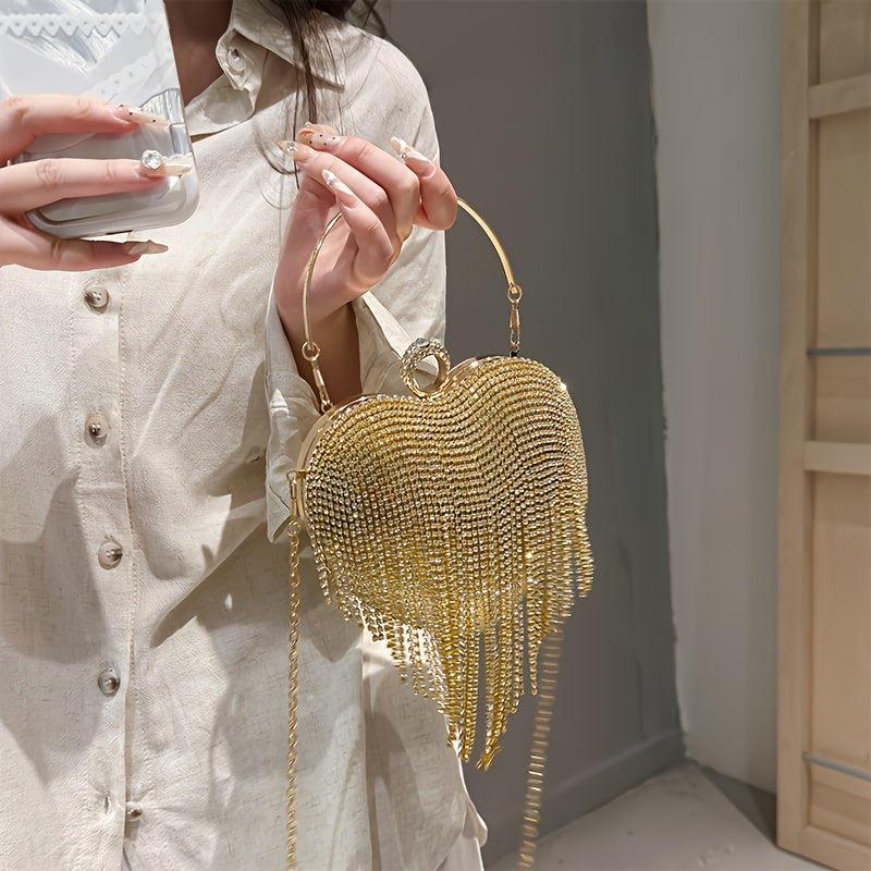 Elegant Heart-Shaped Rhinestone Evening Clutch with Tassel, Lightweight Acrylic Party Handbag with Removable Strap, Buckle Closure, Rayon Lined, No Pattern Design for Valentine'S Day