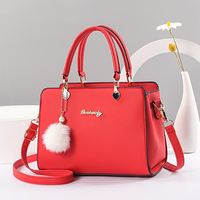 Stylish Solid Color Women's Handbag with Pom Pom Charm - Multi-Layer Crossbody Bag,, Zip Closure, Stain-Resistant, Black/White/Pink/Watermelon Red/Gray