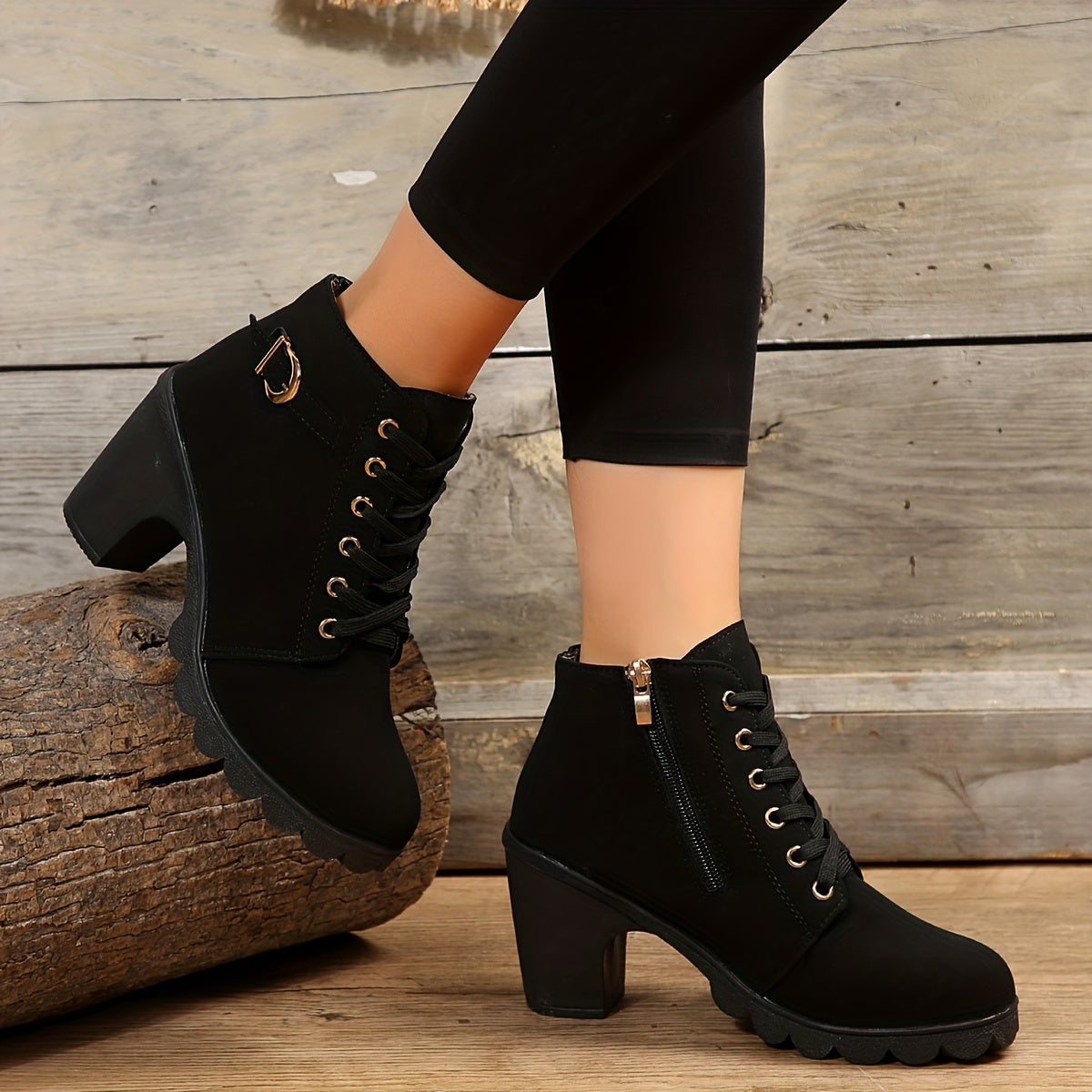 Trendy Womens Chunky Heel Ankle Boots - Secure Lace-Up, Smooth Zipper, Supreme Comfort - Mid-Calf Height, Stylish Design