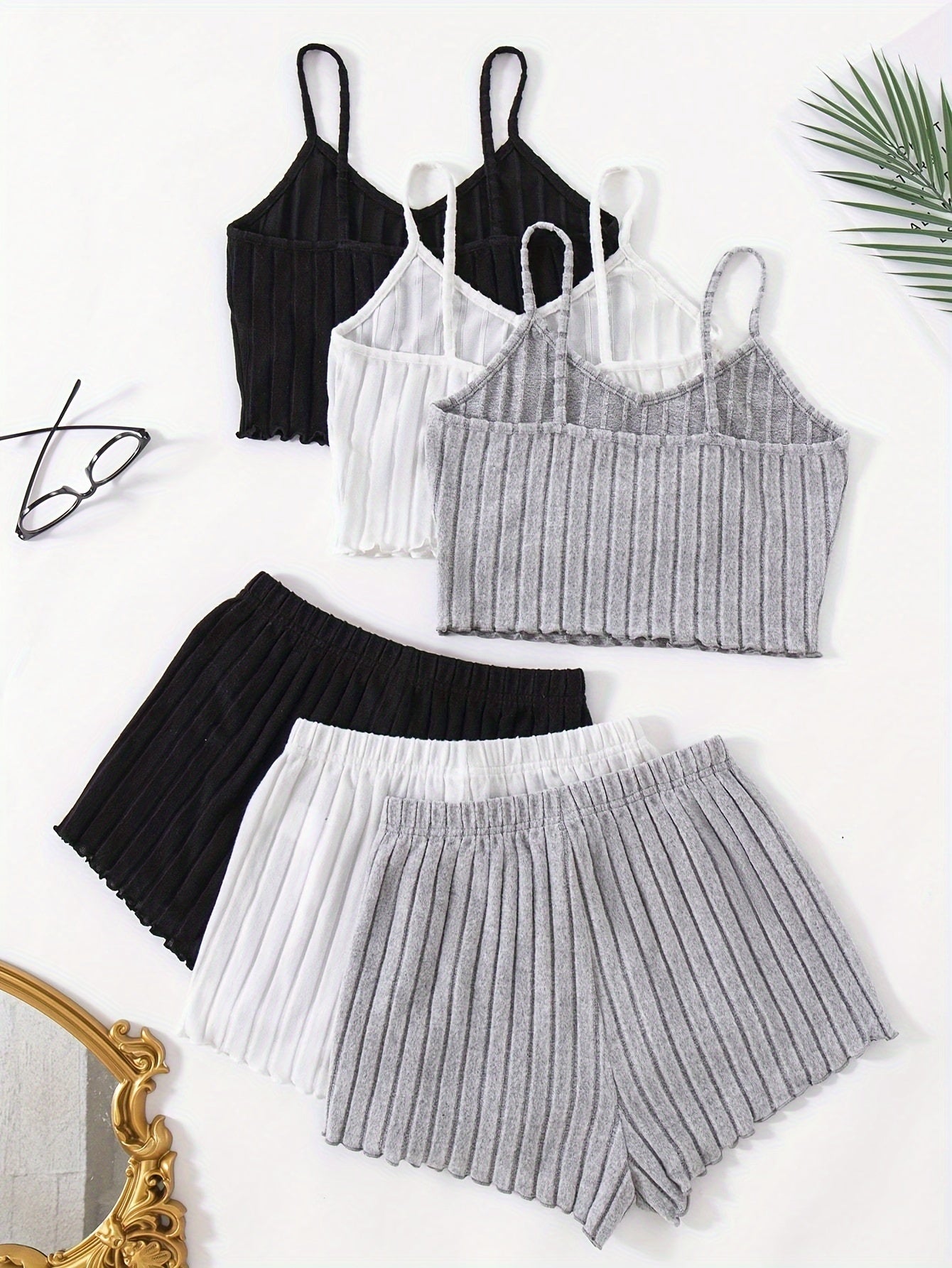 Three Sets for Spring And Summer, a Total of Six Pieces, Women'S Solid Color Camisole And Shorts Sleepwear Set.
