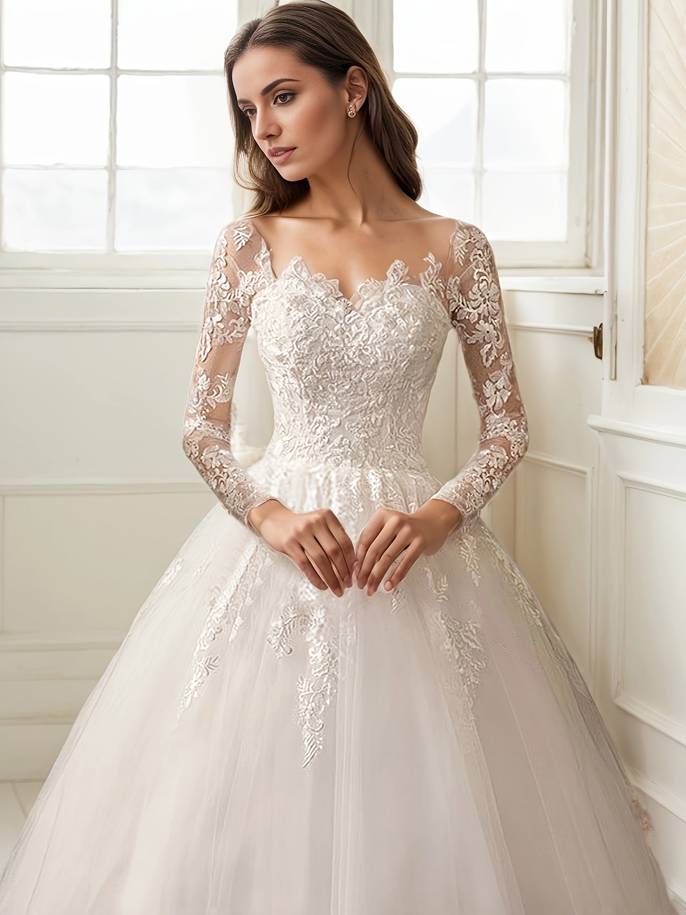 Elegant Off-Shoulder A-Line Wedding Dress with Lace Embroidery, Long Sleeve Floor-Length Bridal Gown for Women, Perfect for Weddings and Formal Events, Party Attire | Offshoulder Design | Glossy Texture