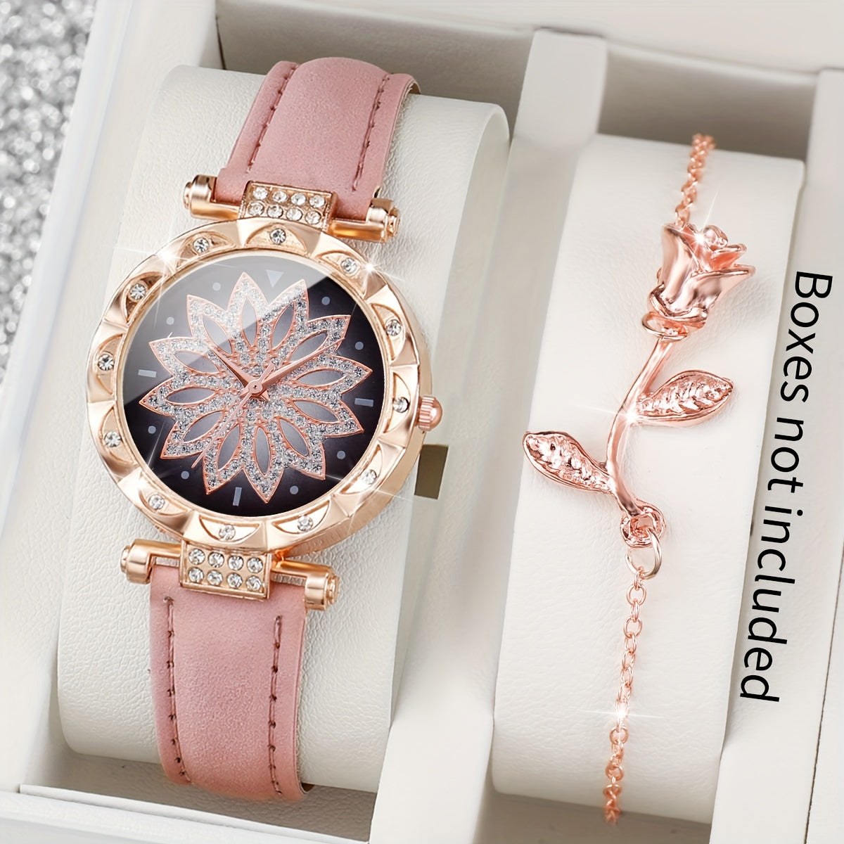 2pcs Women's Fashionable & Simple Flower Petal Quartz Watch With Bracelet Set Includes Watchband And Bracelet No Watch Box