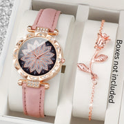 2pcs Women's Fashionable & Simple Flower Petal Quartz Watch With Bracelet Set Includes Watchband And Bracelet No Watch Box