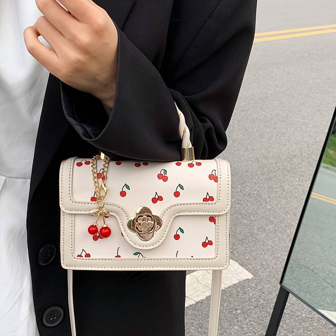 Fashionable High-End PU Tote Bag with Versatile Square Shape and Cute Cherry Print, Perfect for Shopping, Dating Or Cross-Body for Girls., Kawaii Cherry Elements