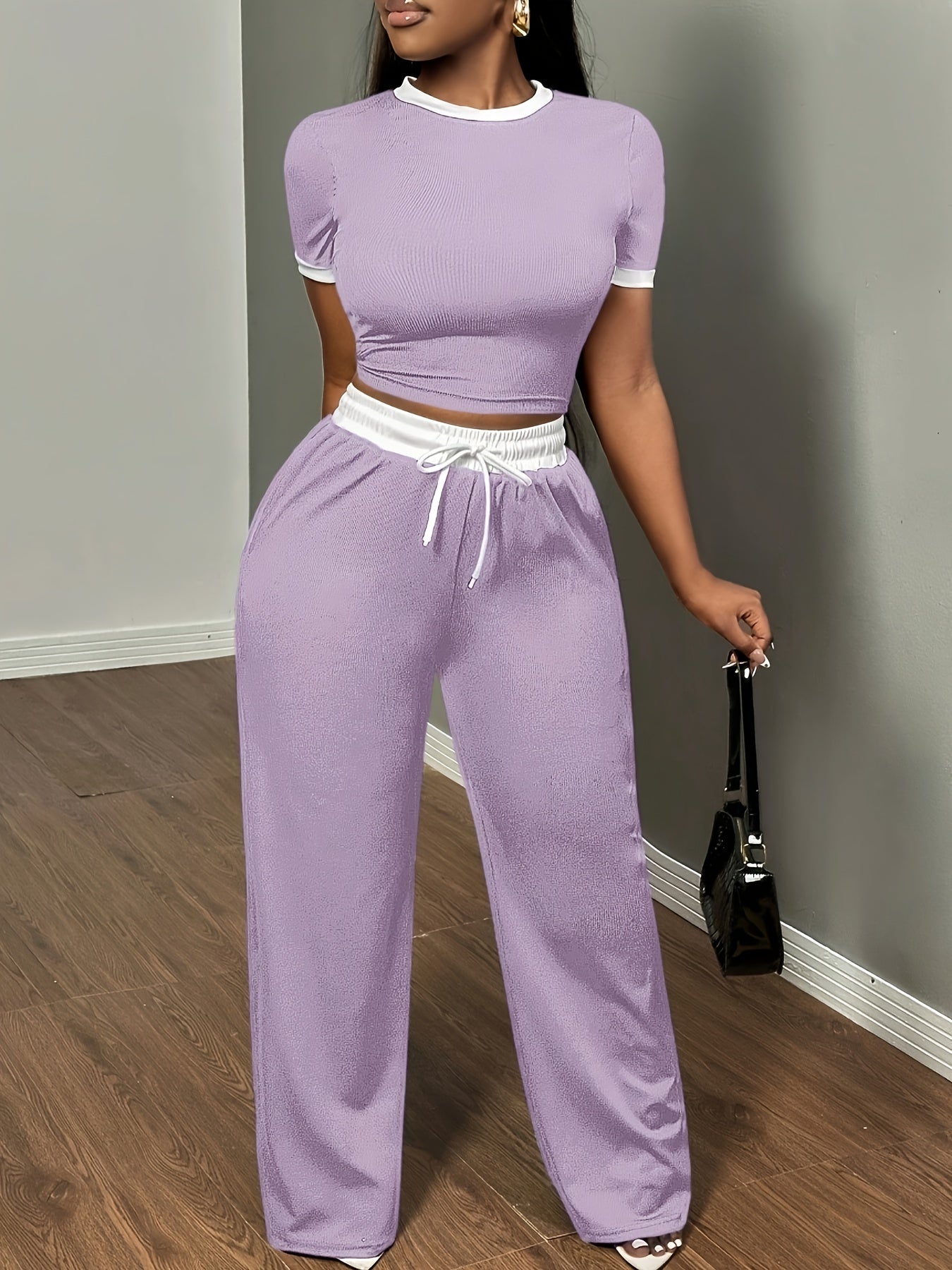 Round Neck Contrast Color Fashion Commuting Wearable Short Sleeve Wide Leg Pants 2pcs Women's Pajama Set