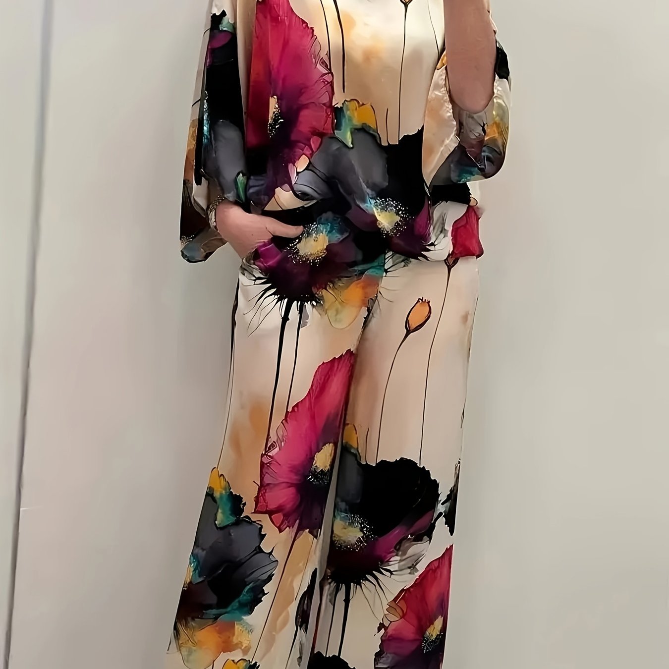 Women's Elegant Floral Print Satin Two-Piece Set: Round Neck Top and Wide Leg Pants