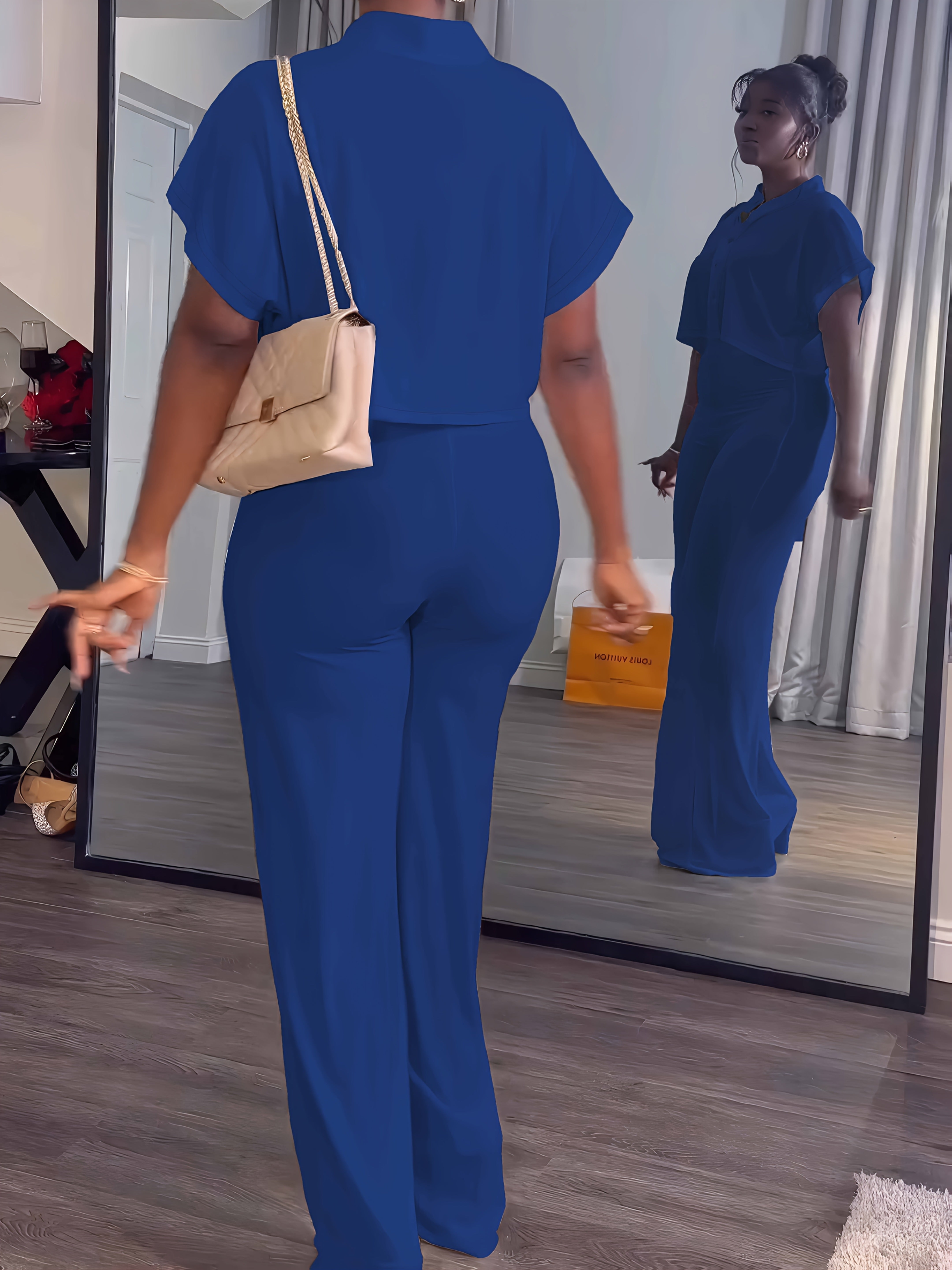 Women's Summer 2pcs Outfits Casual Tracksuit Short Sleeve Button Crop Top Wide Leg Long Pant Lounge Sets