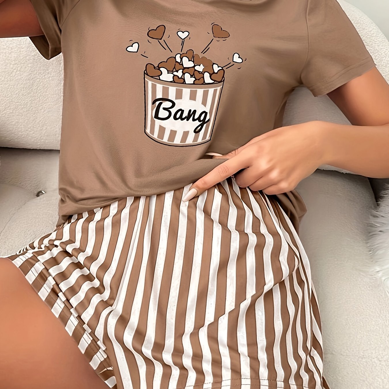 Women'S Casual Crew Neck Pajama Sets, Polyester 95.0% Elastane 5.0%, All-Season Comfort, Heart Pattern, Adult Sleepwear, Loungewear|Playful Print|Comfortable Fit, Pajamas for Travel