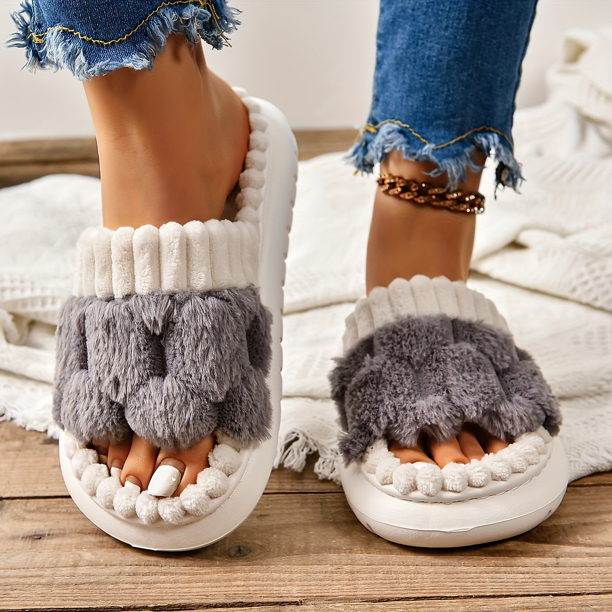 Honeycomb Plush Slippers For Women, Cozy & Warm Soft Sole Open Toe Shoes, Comfortable Indoor Slippers
