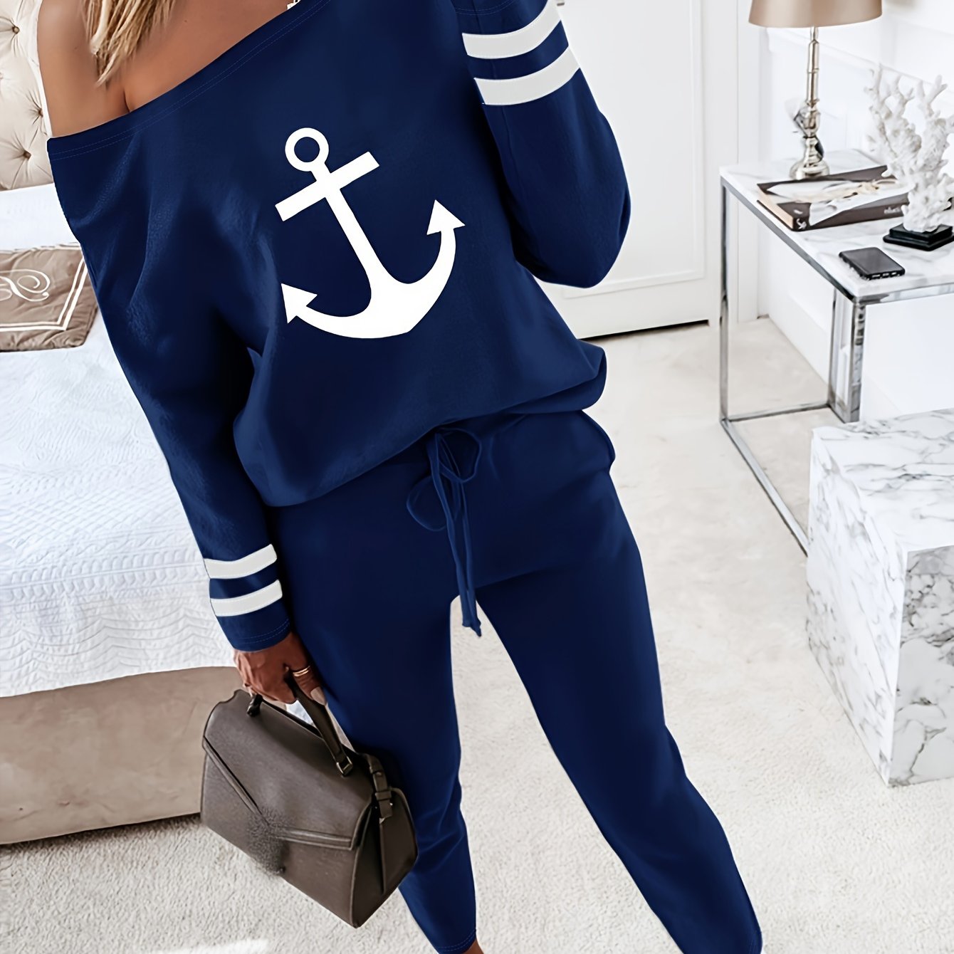 Two-piece Set: Nope Not Today Print Long Sleeve Top & Solid Drawstring Pants Outfits for Women, Casual Spring & Fall Clothing