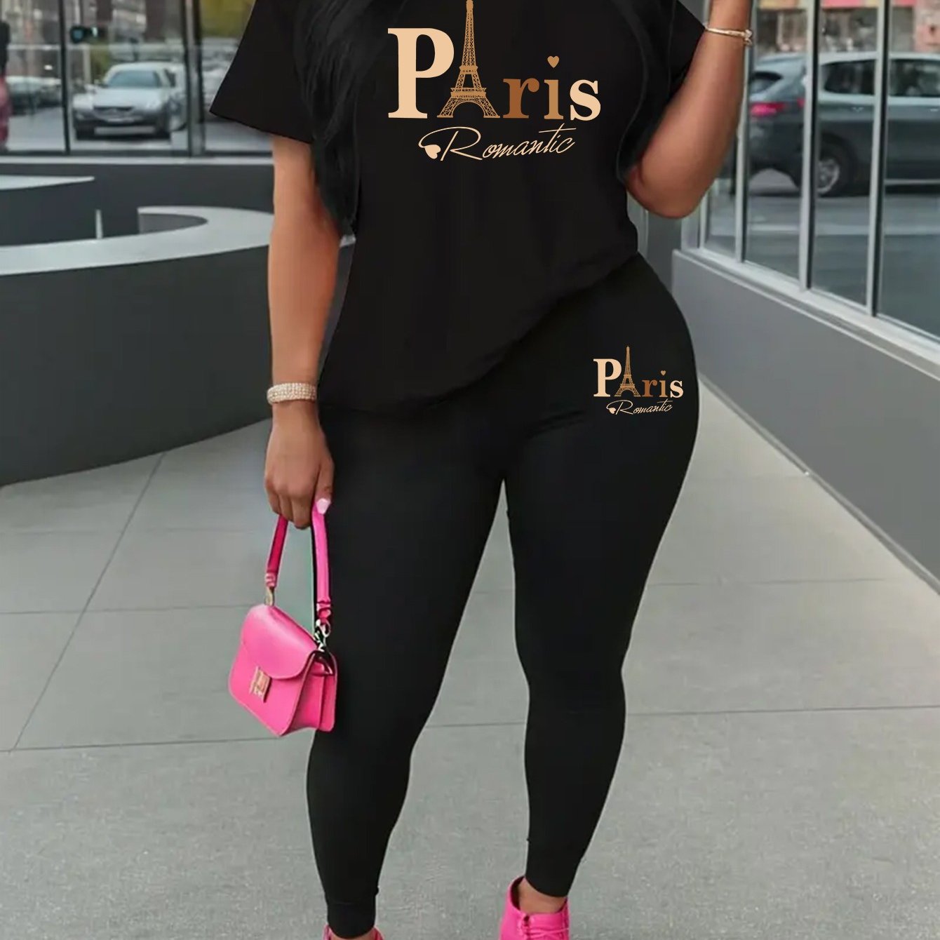 Eiffel Tower Paris-Inspired Women's Casual Outfit - Comfy Short Sleeve Tee & Stylish Pants Set, Machine Washable