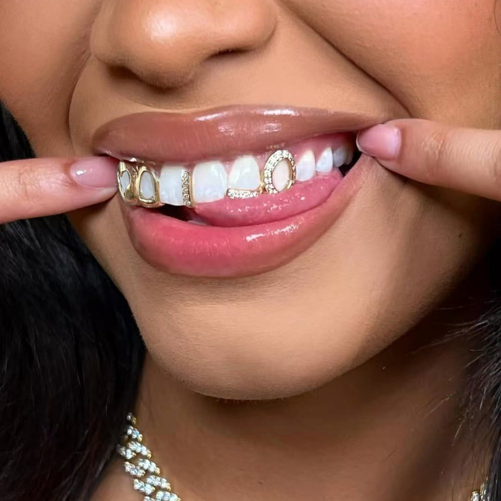 3pcs Fashion Personality Hip Hop Jewelry Copper Inset Zirconia Hollow Golden Teeth Grillz Out Cool Gift for Men and Women Valentine'S Day Carnival Mother'S Day Father'S Day Special Gifts