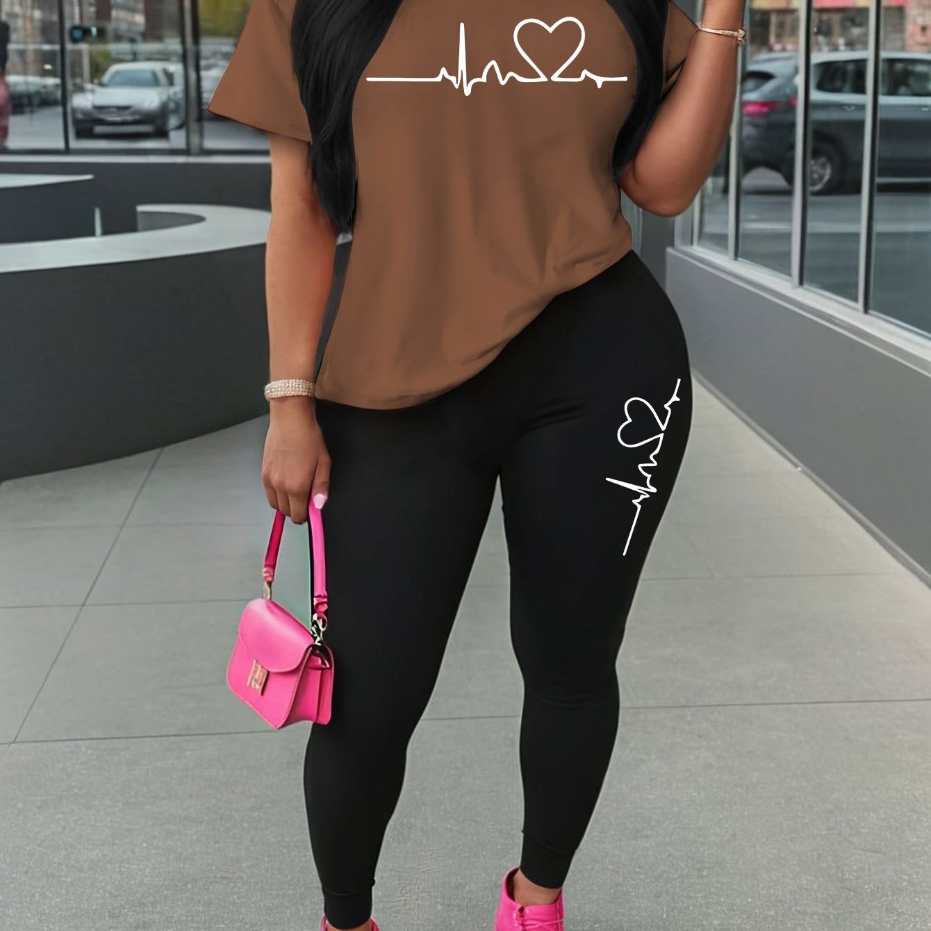 Women'S Love Heart Print Two-Piece Set, Casual Crew Neck Short Sleeve T-Shirt and Knit Polyester Leggings, All-Season Comfort, 96% Polyester 4% Spandex, 180gsm - Red