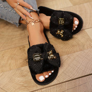 [Pink Plush Slippers] Comfortable Pink Plush Women's Slippers with Bow and Bear Decor | Fashionable Satin Flat Sandals, Indoor House Shoes for Spring and Summer, EVA Sole, All-Season Wear