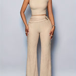 Women'S Elegant Beige Polyester Asymmetrical Neck Top & Flared Pants Set - Solid Color, Ribbed Texture, Belted Waist, Perfect for All Seasons