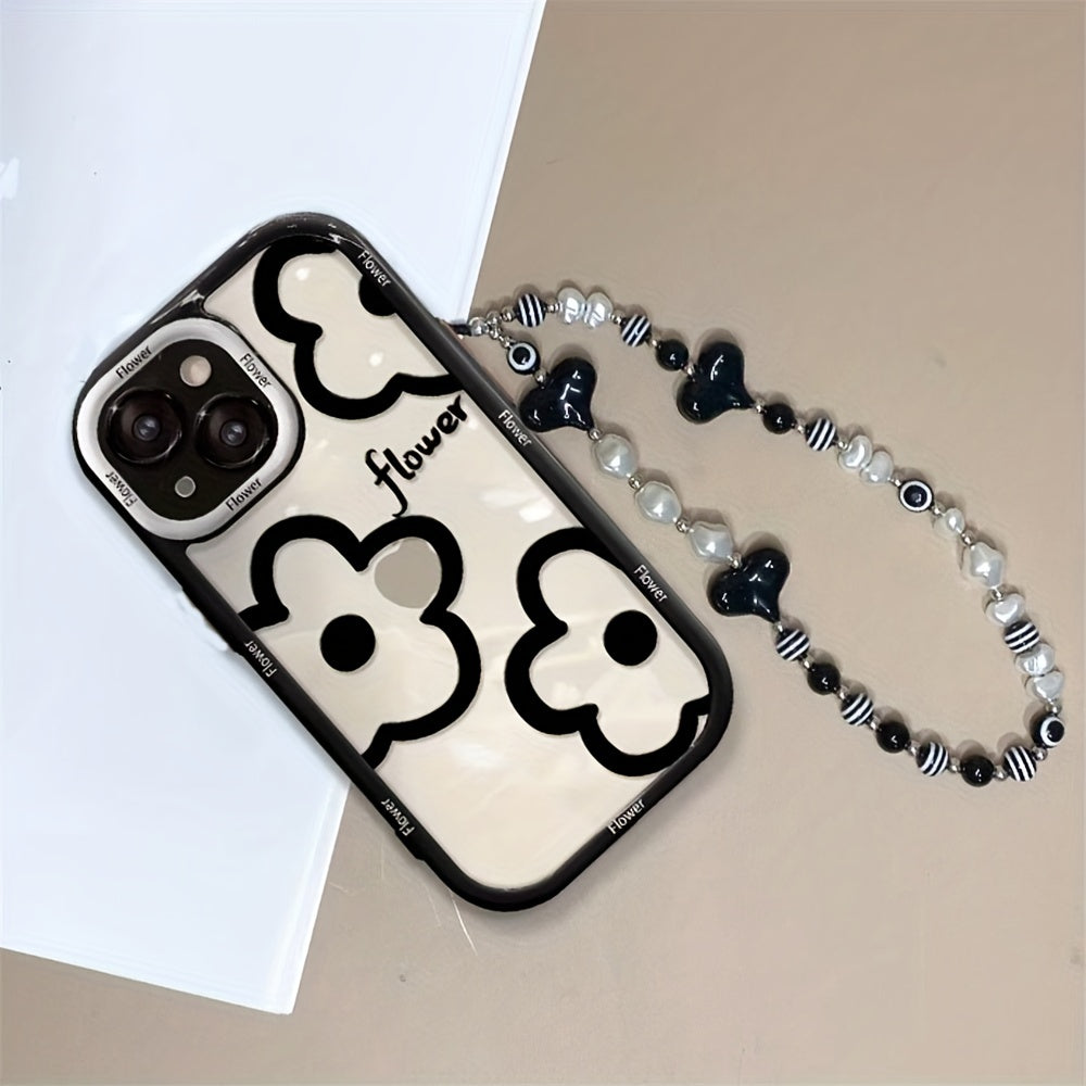 Stylish Adorable Cartoon Black Floral Heart Wrist Strap Clear Soft Case for Iphone Models 11, 12, 13, 14, 15, 16 Pro Max And Plus, Offering Shockproof Protection.