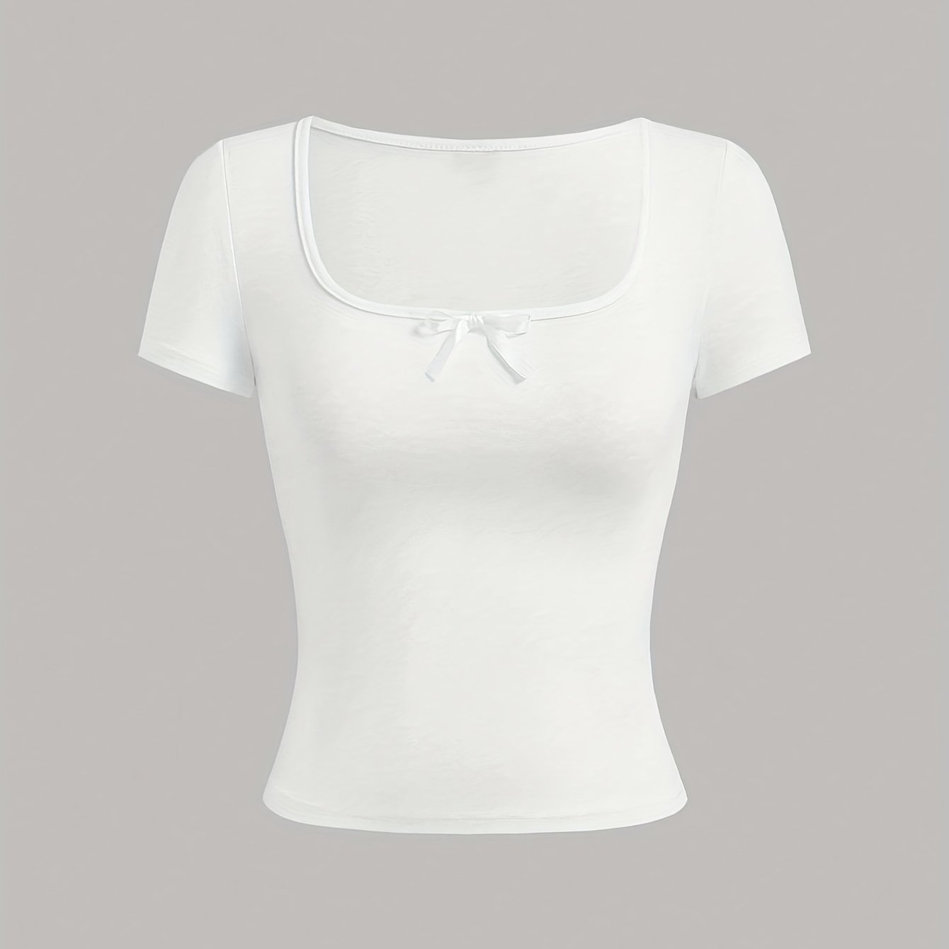 Ezwear Light Gray Knitted Women'S Summer Short-Sleeve Fitted T-Shirt with Bow Decoration And Square Neckline.