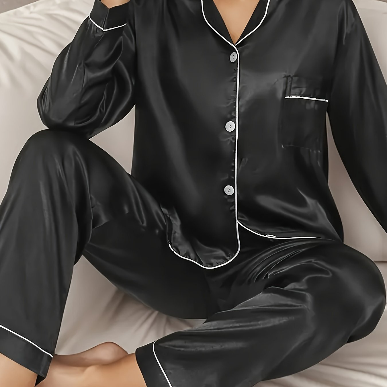 Simple Solid Satin Lounge Set, Long Sleeve Buttons Lapel Top & Elastic Pants, Women's Loungewear