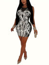 Rhinestoned Crew Neck Mesh Tank Dress, Sexy Sleeveless Bodycon Dress For Club & Party, Women's Clothing