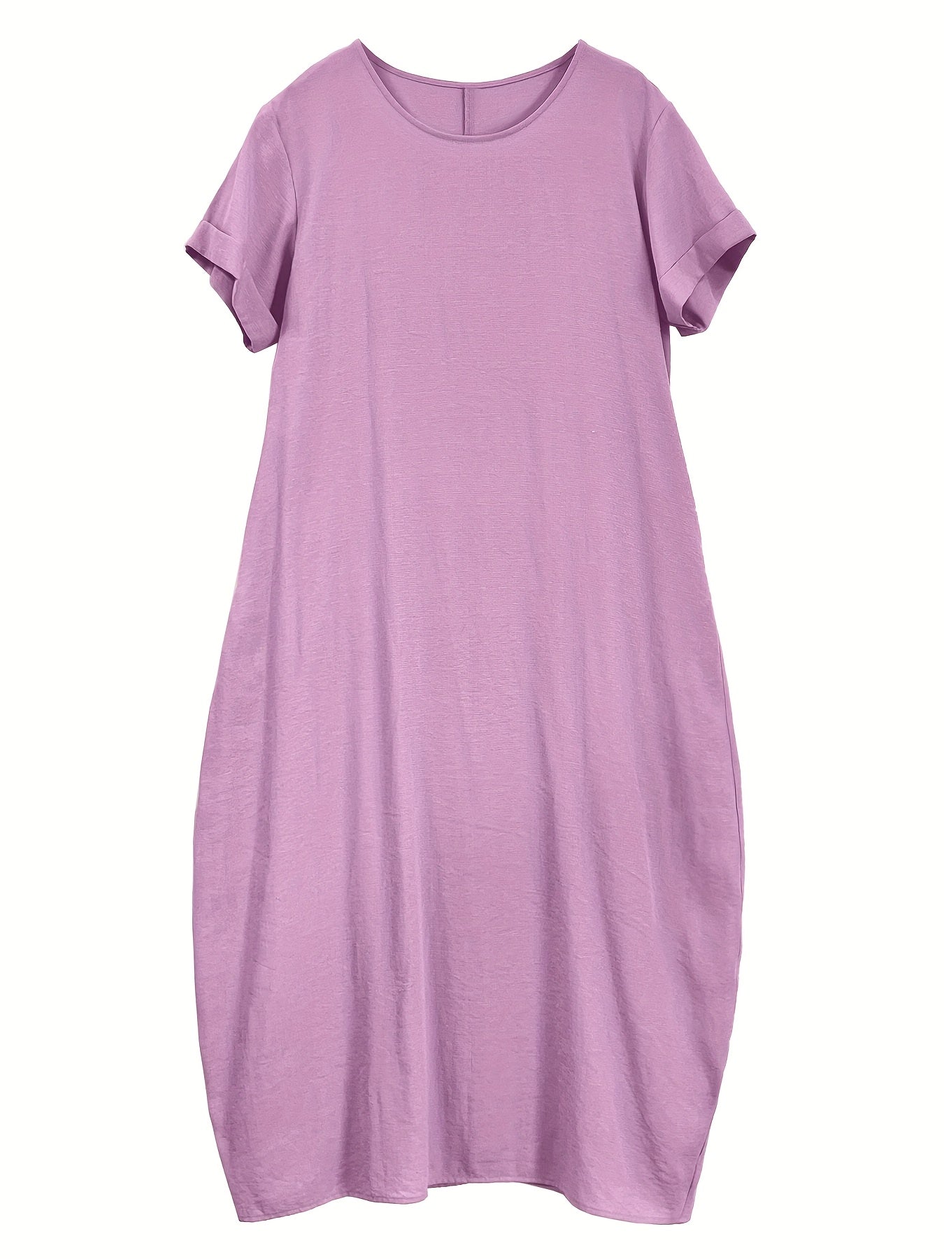 Women's New Summer Round Neck Short Sleeve Loose Dress with Pocket, Elegant and Pure Color Mid-Long Casual Skirt
