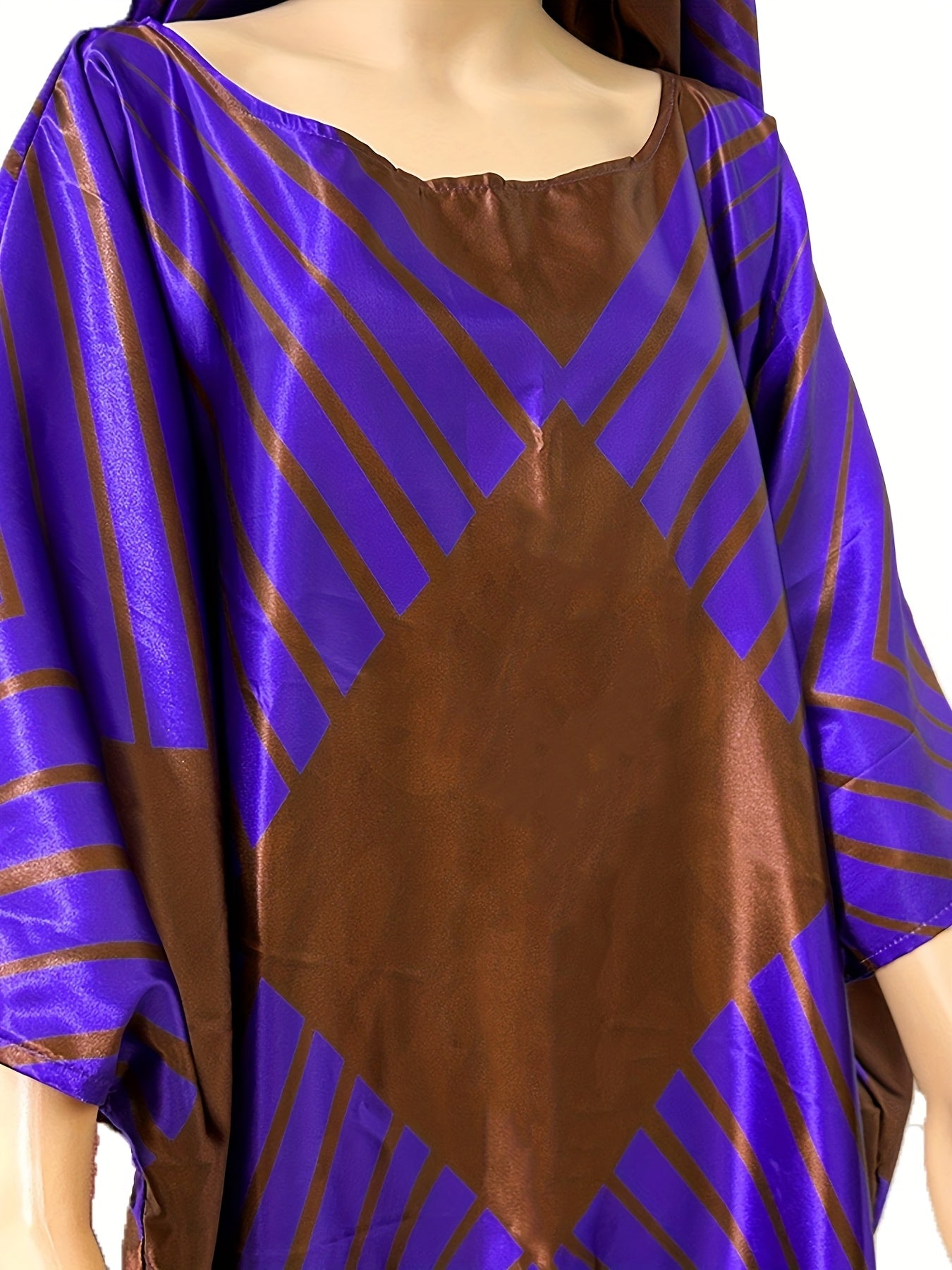 Print Maxi Dress for Women - Traditional Wedding & Party Gown, Purple & Brown Geometric Design, Loose Fit, 3/4 Sleeve, A-Line Silhouette, Hand Wash Only, Dresses for Wedding