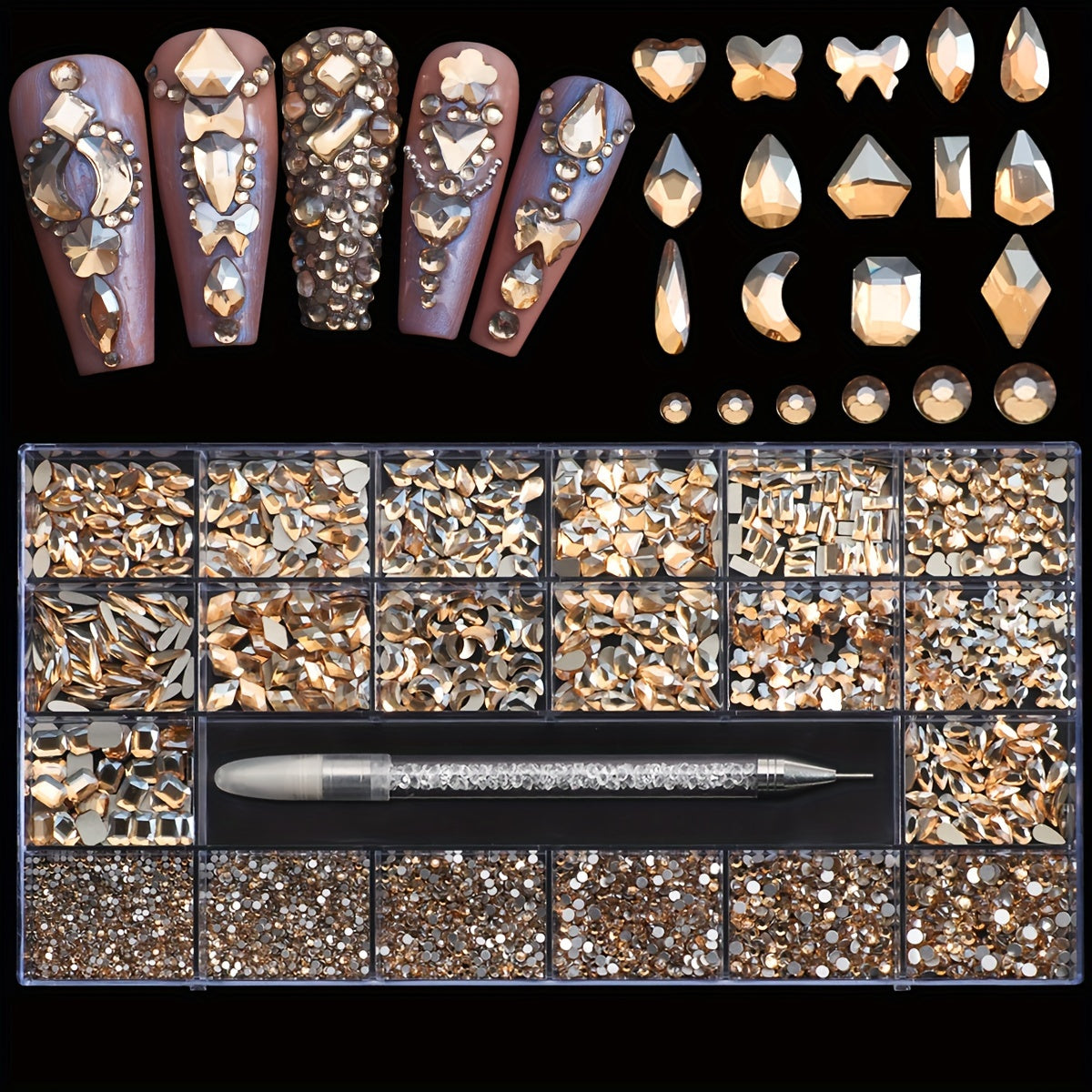 Nail Art 21 Champagne Aesthetic Nail Rhine Kit, flat bottom and irregular shape Nail decoration DIY nails charm nail gem nails